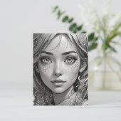 Schattigee anime meisje zwart-wit portret briefkaart (Staand voorkant)