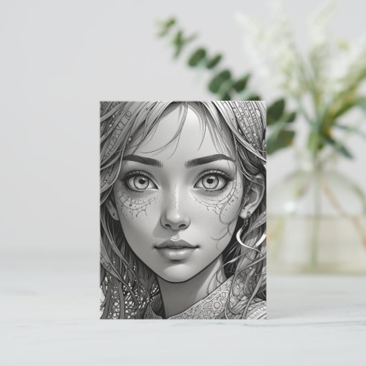 Schattigee anime meisje zwart-wit portret briefkaart (Staand voorkant)