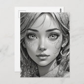 Schattigee anime meisje zwart-wit portret briefkaart (Voorkant / Achterkant)