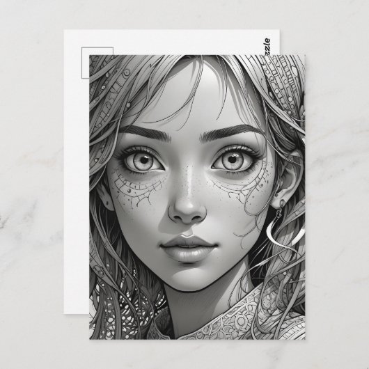 Schattigee anime meisje zwart-wit portret briefkaart (Voorkant / Achterkant)