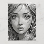 Schattigee anime meisje zwart-wit portret briefkaart (Voorkant)