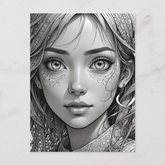 Schattigee anime meisje zwart-wit portret briefkaart (Voorkant)