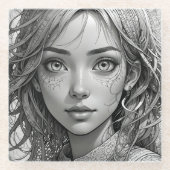 Schattigee anime meisje zwart-wit portret glazen onderzetter (Voorkant)