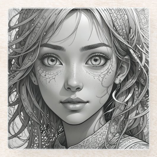 Schattigee anime meisje zwart-wit portret glazen onderzetter (Voorkant)