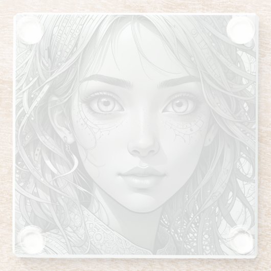 Schattigee anime meisje zwart-wit portret glazen onderzetter (Achterkant)