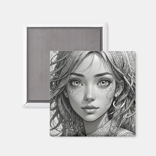 Schattigee anime meisje zwart-wit portret magneet (Voorkant / Achterkant)