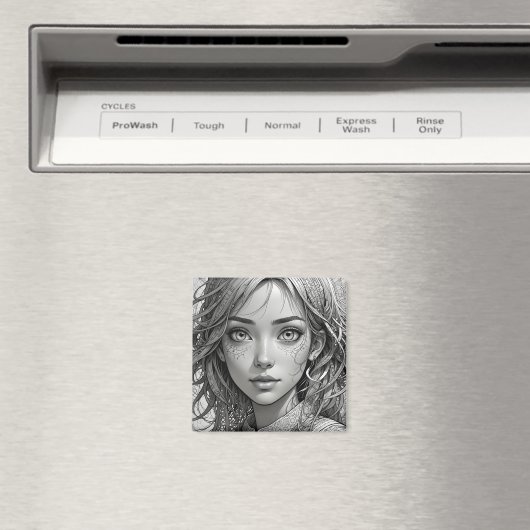 Schattigee anime meisje zwart-wit portret magneet (Insitu (Vaatwasser))