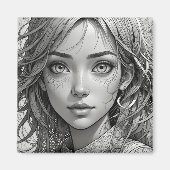 Schattigee anime meisje zwart-wit portret magneet (Voorkant)