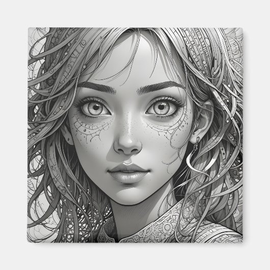 Schattigee anime meisje zwart-wit portret magneet (Voorkant)