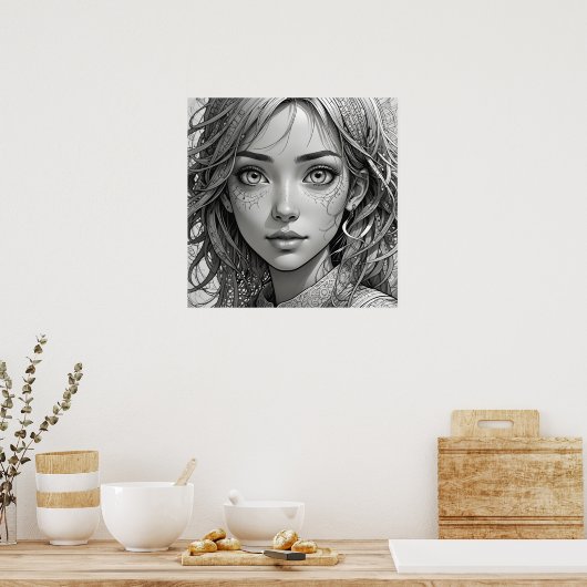 Schattigee anime meisje zwart-wit portret poster (Keuken)