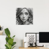Schattigee anime meisje zwart-wit portret poster (Thuiskantoor)