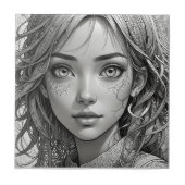 Schattigee anime meisje zwart-wit portret tegeltje (Voorkant)