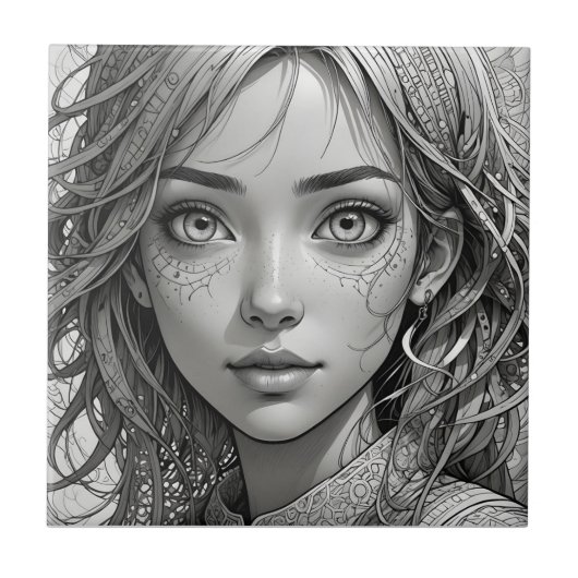 Schattigee anime meisje zwart-wit portret tegeltje (Voorkant)