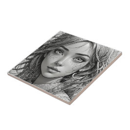 Schattigee anime meisje zwart-wit portret tegeltje