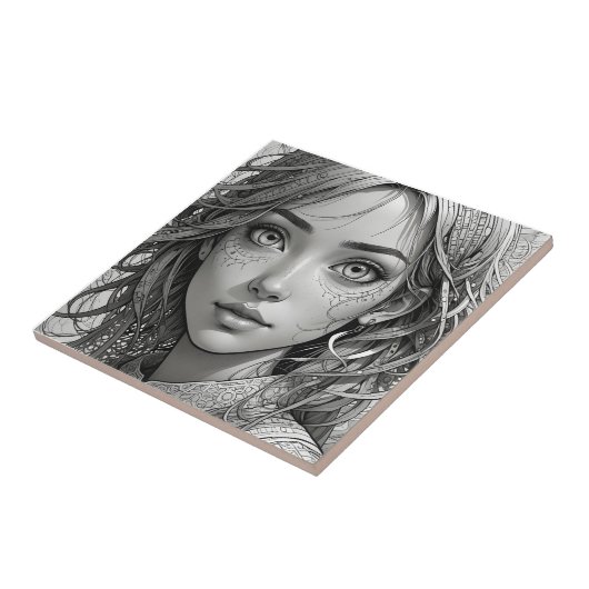 Schattigee anime meisje zwart-wit portret tegeltje (Zijkant)