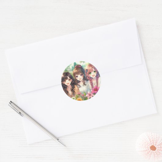 Schattigee anime meisjes ronde sticker (Envelop)