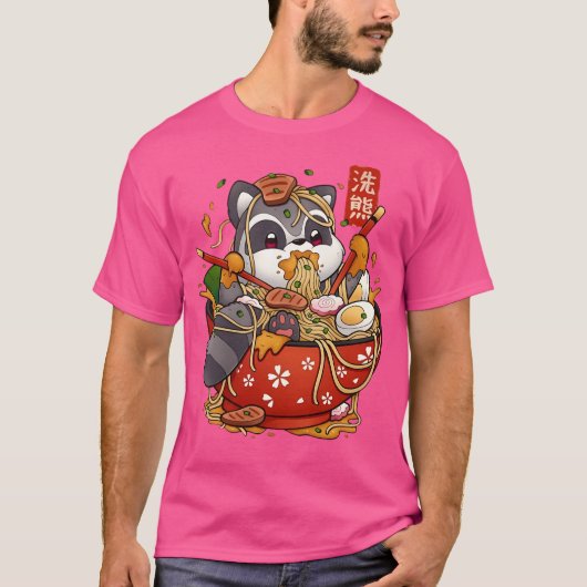 Schattigee Anime Raccoon Eten Ramen Noodles T-shirt (Voorkant)