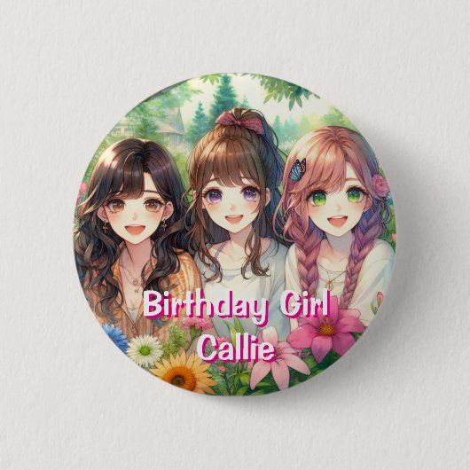 Schattigee Anime Verjaardag Meisje Gepersonaliseer Ronde Button 5,7 Cm (Voorkant)