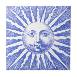 Schattigee Antiek Blauwe Zon Gezicht Tegeltje