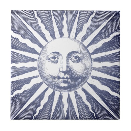Schattigee Antiek Navy Blue Sun Face Tegeltje (Voorkant)