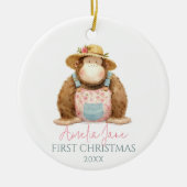 Schattigee Apenillustratie Meisje Eerste Kerst Keramisch Ornament (Voorkant)