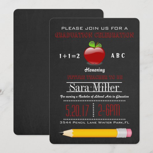 Schattigee Apple Teacher Afstuderen Invitation Kaart (Voorkant / Achterkant)