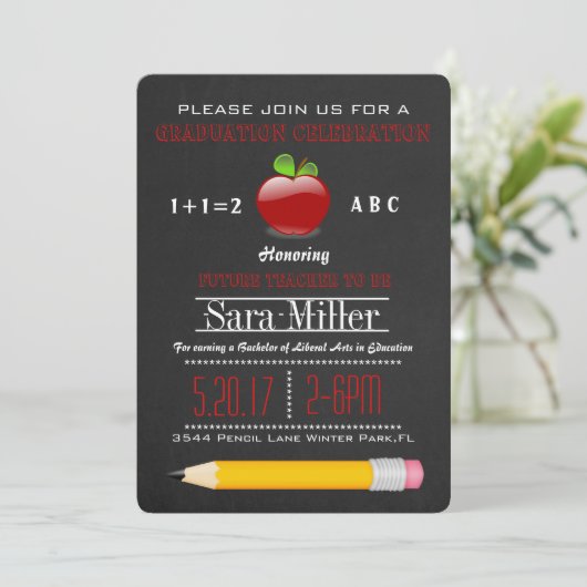 Schattigee Apple Teacher Afstuderen Invitation Kaart (Staand voorkant)