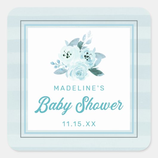 Schattigee Aqua & Baby Blue Bloemen Baby shower Fa Vierkante Sticker (Voorkant)