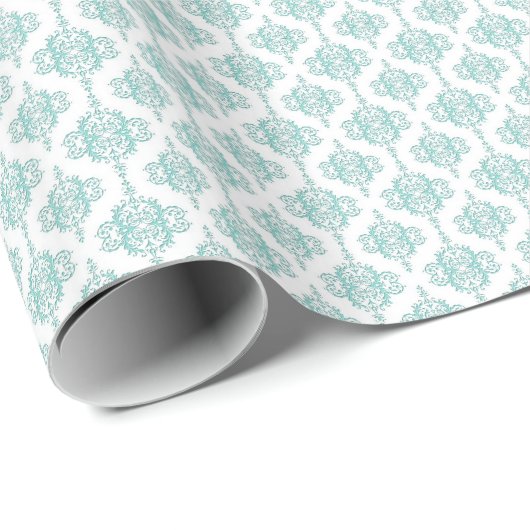 Schattigee Aqua en witte  Damask Pattern Cadeaupapier (Rol Hoek)