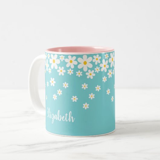 Schattigee Aqua en Yellow Whimsical Daisy Custom T Tweekleurige Koffiemok (Voorkant links)