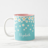 Schattigee Aqua en Yellow Whimsical Daisy Custom T Tweekleurige Koffiemok (Links)