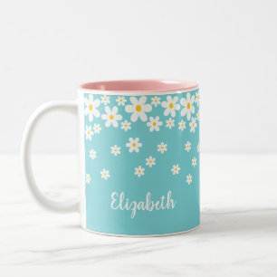 Schattigee Aqua en Yellow Whimsical Daisy Custom T Tweekleurige Koffiemok