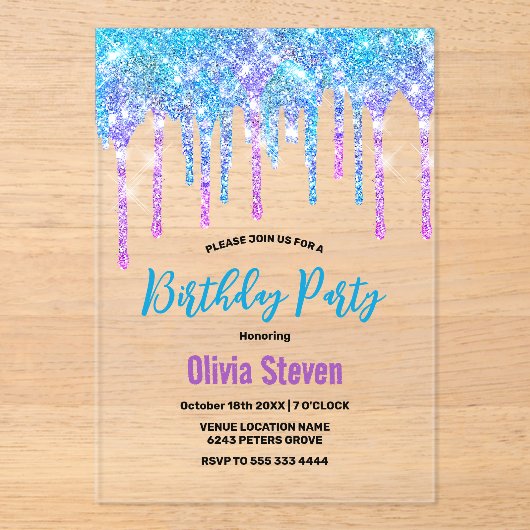 Schattigee Aqua paarse Glitter Drips monogram verj Acryl Uitnodigingen (Voorkant)