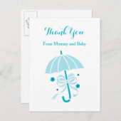 Schattigee Aqua paraplu en Bow Baby shower Dank u Aankondigingskaart (Voorkant / Achterkant)