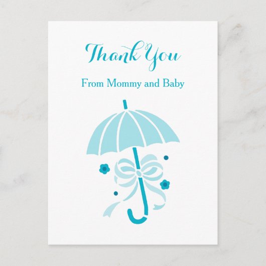 Schattigee Aqua paraplu en Bow Baby shower Dank u Aankondigingskaart (Voorkant)