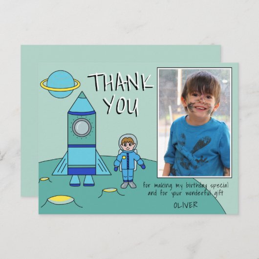 Schattigee astronaut Rocket Boy Bedankt Verjaardag Briefkaart (Voorkant / Achterkant)