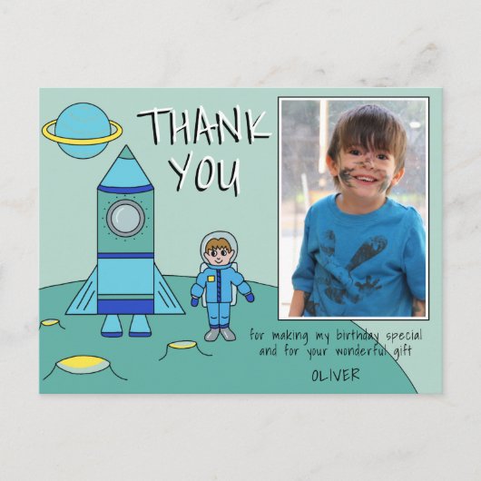 Schattigee astronaut Rocket Boy Bedankt Verjaardag Briefkaart (Voorkant)