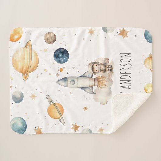 Schattigee astronaut ruimte monogram jongens sherpa deken (Voorkant (horizontaal))