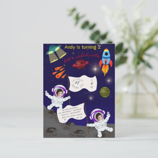 Schattigee Astronaut Space Birthday Uitnodiging Br (Staand voorkant)