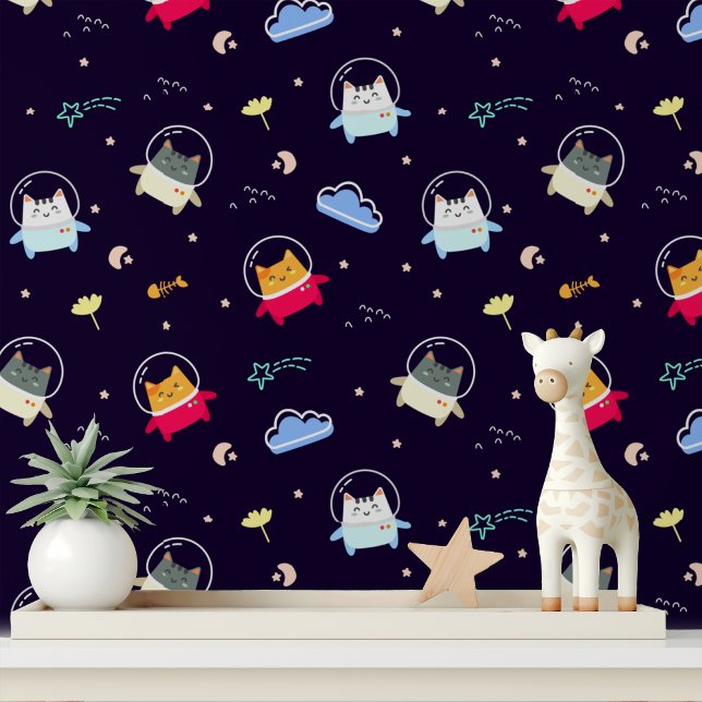Schattigee Astronaut Space Cat Modern Kinder Patro Behang (Creator heeft geüpload)
