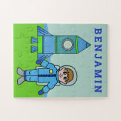 Schattigee astronautenjongen en raket met naam legpuzzel (Horizontaal)