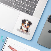 Schattigee Aussie Shepherd Puppy – Zittende Pose Sticker (Laptop met iPhone)
