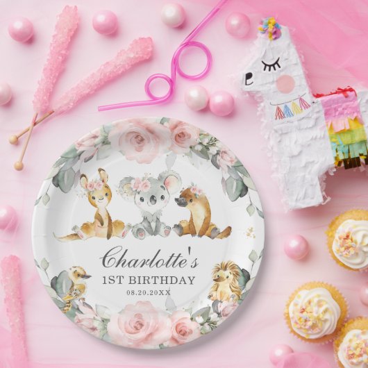 Schattigee Australische Dieren Roze Bloemen Groen Papieren Bordje (Feest)