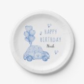Schattigee auto en hartballonnen blauw verjaardags papieren bordje (Voorkant)