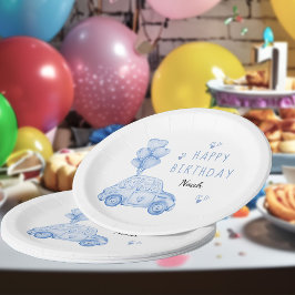 Schattigee auto en hartballonnen blauw verjaardags papieren bordje