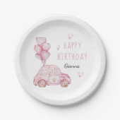 Schattigee auto en hartballonnen roze verjaardagsf papieren bordje (Voorkant)