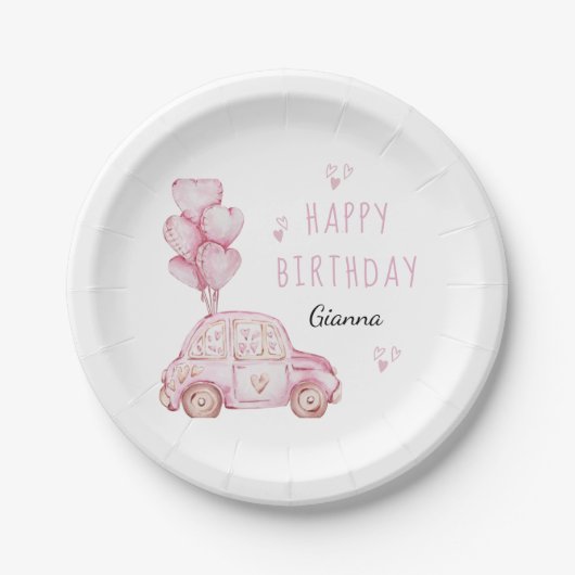 Schattigee auto en hartballonnen roze verjaardagsf papieren bordje (Voorkant)