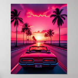 Schattigee Auto Palmbomen Strand Zomer Roze Uitzic Poster