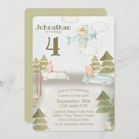 Schattigee auto's en dieren in het park kaart (Voorkant / Achterkant)