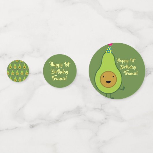 Schattigee avocado 1e verjaardagsfeesttafel decor confetti (Voorkanten)